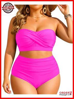 Plus Size Two Piece Swimsuits High Waisted Bandeau Bikini Tummy Control
